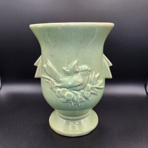 Vintage McCoy Pottery Green Cardinal & Berries large Vase